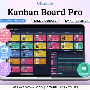 May include: A laptop and tablet display a Kanban Board Pro interface. The screen shows a task management system with color-coded cards, a task database, and a smart calendar. Additional features include advanced filtering, sorting, and access on any device.