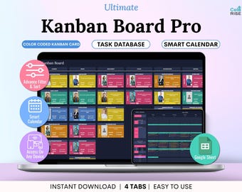 Op de afbeelding: Een laptop en tablet tonen de Kanban Board Pro-interface. Het scherm toont een taakbeheersysteem met kleurgecodeerde kaarten, een taakdatabase en een slimme kalender. Extra functies zijn geavanceerd filteren, sorteren en toegang op elk apparaat.
