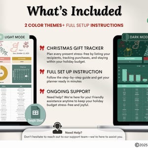 Puede incluir: Un rastreador digital de regalos de Navidad que se muestra en dos tabletas, una en modo claro y otra en modo oscuro. La imagen destaca caracter&iacute;sticas como el seguimiento de regalos, las instrucciones de configuraci&oacute;n y el soporte continuo, con el texto "What's Included".