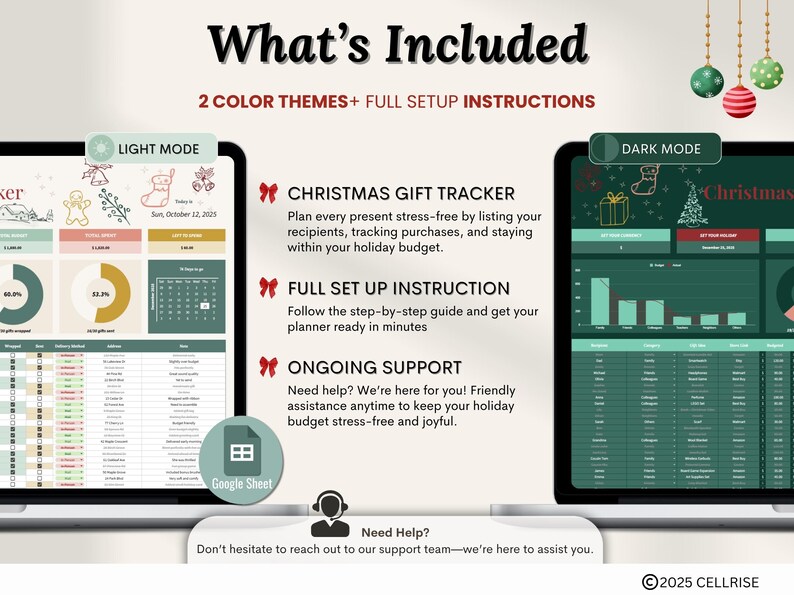 Puede incluir: Un rastreador digital de regalos de Navidad que se muestra en dos tabletas, una en modo claro y otra en modo oscuro. La imagen destaca caracter&iacute;sticas como el seguimiento de regalos, las instrucciones de configuraci&oacute;n y el soporte continuo, con el texto "What's Included".