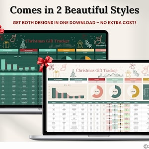 Puede incluir: Dos port&aacute;tiles que muestran una hoja de c&aacute;lculo de seguimiento de regalos de Navidad. El texto "Comes in 2 Beautiful Styles" y "GET BOTH DESIGNS IN ONE DOWNLOAD - NO EXTRA COST!" est&aacute;n en la parte superior. Los port&aacute;tiles est&aacute;n adornados con lazos rojos.