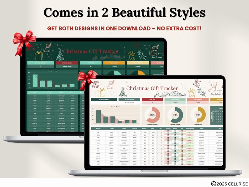 Puede incluir: Dos port&aacute;tiles que muestran una hoja de c&aacute;lculo de seguimiento de regalos de Navidad. El texto "Comes in 2 Beautiful Styles" y "GET BOTH DESIGNS IN ONE DOWNLOAD - NO EXTRA COST!" est&aacute;n en la parte superior. Los port&aacute;tiles est&aacute;n adornados con lazos rojos.