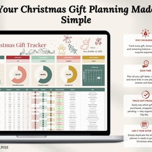 Puede incluir: Una pantalla de port&aacute;til muestra una hoja de c&aacute;lculo de seguimiento de regalos de Navidad. El t&iacute;tulo "Your Christmas Gift Planning Made Simple" est&aacute; en la parte superior. La hoja de c&aacute;lculo incluye secciones para detalles de regalos, presupuesto y seguimiento del progreso. Texto adicional destaca caracter&iacute;sticas como mantenerse dentro del presupuesto y rastrear el progreso de los regalos.
