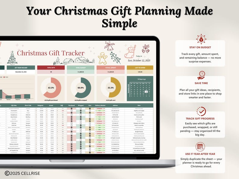 Puede incluir: Una pantalla de port&aacute;til muestra una hoja de c&aacute;lculo de seguimiento de regalos de Navidad. El t&iacute;tulo "Your Christmas Gift Planning Made Simple" est&aacute; en la parte superior. La hoja de c&aacute;lculo incluye secciones para detalles de regalos, presupuesto y seguimiento del progreso. Texto adicional destaca caracter&iacute;sticas como mantenerse dentro del presupuesto y rastrear el progreso de los regalos.