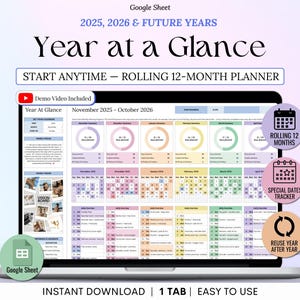 May include: A laptop screen shows a "Year at a Glance" Google Sheet planner for 2025, 2026, and future years. The planner includes a rolling 12-month calendar, special dates tracker, and reuse year after year features. The text "Instant Download" is visible.