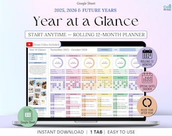 Planificador de un vistazo al año Hoja de cálculo Resumen anual sin fecha Hojas de cálculo de Google Calendario anual y seguimiento de eventos