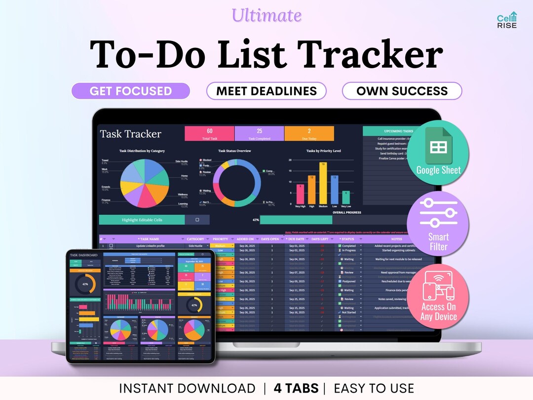 To Do List Google Sheets Dark Mode Task Tracker Spreadsheet Daily ...