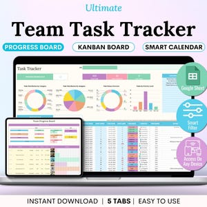 Könnte beinhalten: Ein Laptop und ein Tablet zeigen eine Team-Aufgaben-Tracker-Oberfläche. Der Bildschirm zeigt Diagramme, Grafiken und Listen mit Optionen für ein Fortschrittsboard, ein Kanban-Board und einen intelligenten Kalender. Der Text enthält "Sofort-Download", "5 Tabs" und "Einfach zu bedienen".