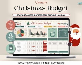 Planificador de presupuesto navideño (Hojas de cálculo de Google 2025) Hoja de cálculo de seguimiento de gastos navideños y lista de verificación de planificación