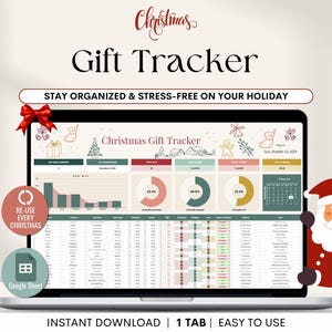 Puede incluir: Una pantalla de port&aacute;til que muestra una hoja de c&aacute;lculo de seguimiento de regalos de Navidad. La pantalla muestra gr&aacute;ficos y tablas de datos con el texto "Christmas Gift Tracker". Un gr&aacute;fico de Pap&aacute; Noel est&aacute; en el lado derecho del port&aacute;til.