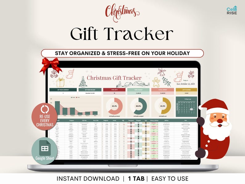 Puede incluir: Una pantalla de port&aacute;til que muestra una hoja de c&aacute;lculo de seguimiento de regalos de Navidad. La pantalla muestra gr&aacute;ficos y tablas de datos con el texto "Christmas Gift Tracker". Un gr&aacute;fico de Pap&aacute; Noel est&aacute; en el lado derecho del port&aacute;til.