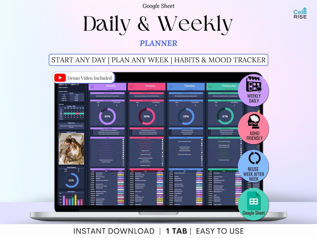 Weekly Planner Google Sheets Dark Mode ADHD Time Blocking Daily ...