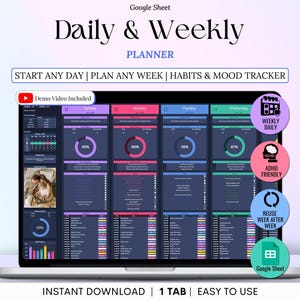 May include: A laptop screen displays a digital planner with a dark blue and colorful layout. The planner is labeled "Daily & Weekly Planner" and includes sections for daily and weekly planning, habit tracking, and mood tracking. The screen also shows the text "Start Any Day | Plan Any Week | Habits & Mood Tracker."