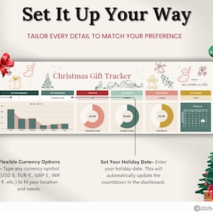 Puede incluir: Un panel de control de seguimiento de regalos de Navidad con gr&aacute;ficos y gr&aacute;ficas, con un &aacute;rbol de Navidad, adornos y un lazo rojo. El texto dice "Set It Up Your Way" y "Christmas Gift Tracker". Incluye opciones de moneda y fecha de vacaciones.