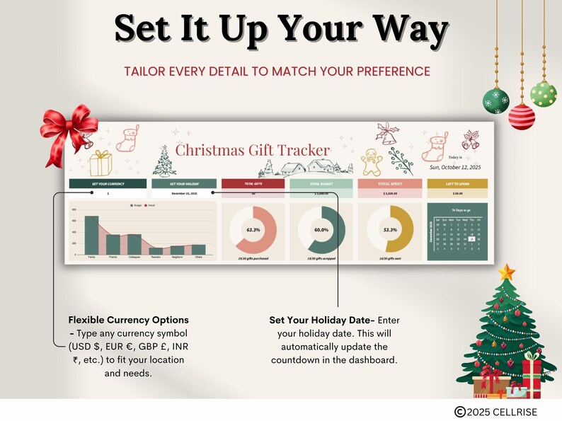 Puede incluir: Un panel de control de seguimiento de regalos de Navidad con gr&aacute;ficos y gr&aacute;ficas, con un &aacute;rbol de Navidad, adornos y un lazo rojo. El texto dice "Set It Up Your Way" y "Christmas Gift Tracker". Incluye opciones de moneda y fecha de vacaciones.