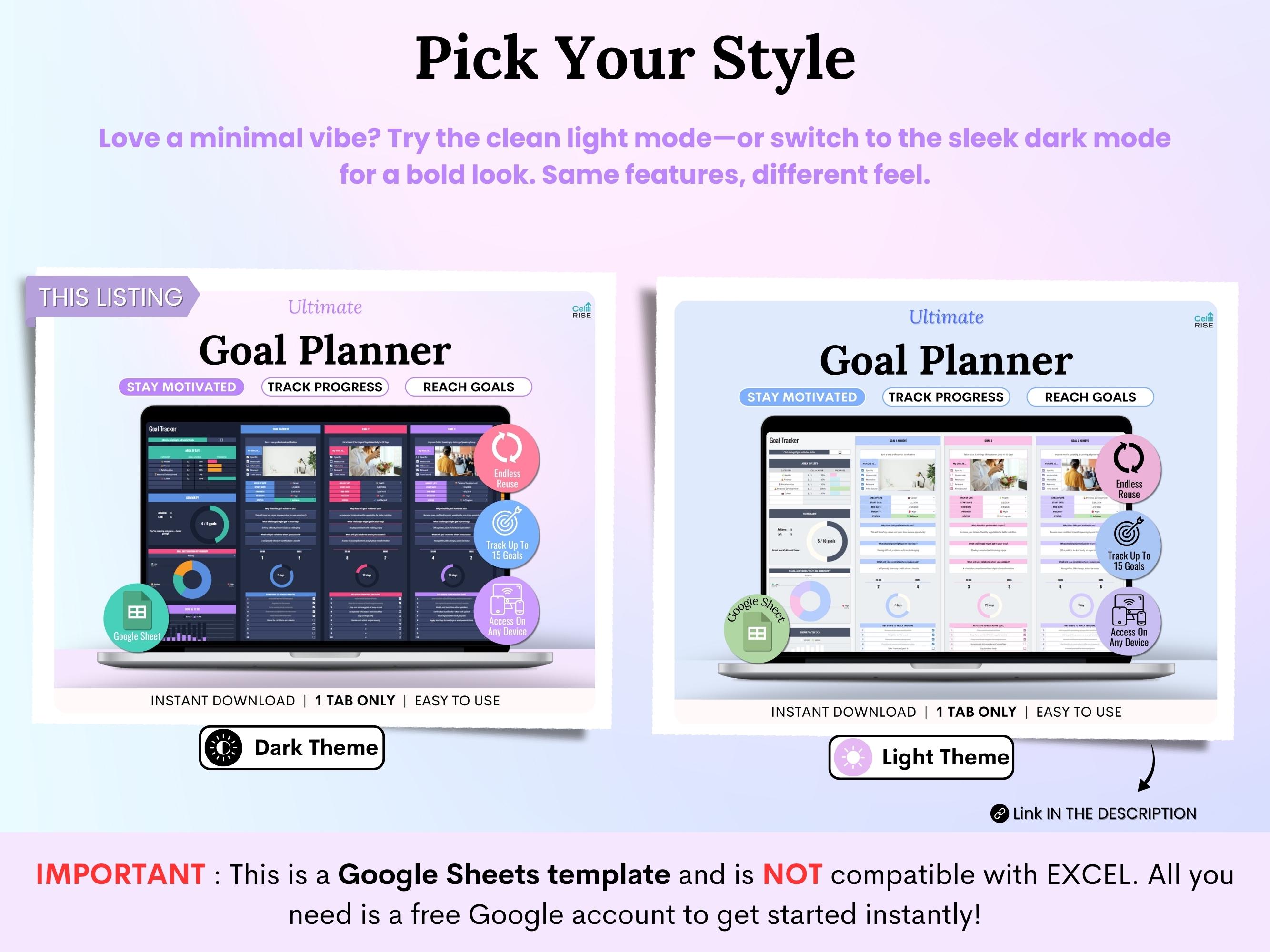 Goal Tracker Google Sheets Dark Mode Goal Planner Spreadsheet SMART New ...