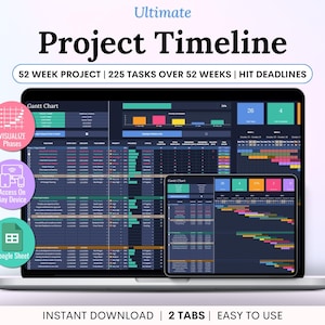 Puede incluir: Un portátil que muestra una plantilla de cronograma de proyecto. La pantalla muestra un diagrama de Gantt con tareas codificadas por colores y el texto "52 WEEK PROJECT | 225 TASKS OVER 52 WEEKS | HIT DEADLINES". Texto adicional incluye "VISUALIZE Phases", "Access On Any Device" y "Google Sheet".