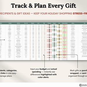 Puede incluir: Un planificador de regalos digital con el texto "Track & Plan Every Gift". La hoja de c&aacute;lculo permite a&ntilde;adir destinatarios, categor&iacute;as, enlaces a tiendas y realizar un seguimiento de los gastos. Las alertas de color resaltan las diferencias presupuestarias. Tambi&eacute;n incluye el texto "Add recipients & gift ideas - keep your holiday shopping stress-free".