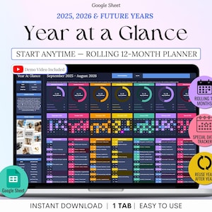 Puede incluir: Una computadora portátil muestra un planificador "Year at a Glance" para 2025, 2026 y años futuros. El planificador de Google Sheet incluye una vista de 12 meses, un rastreador de fechas especiales y una función de reutilización. La pantalla muestra un calendario colorido.
