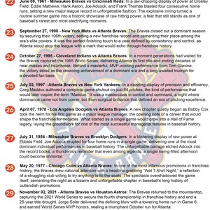 Op de afbeelding: Een lijst met negen genummerde historische honkbaloverzichten, beginnend met de Boston Braves uit 1912 en eindigend met de Atlanta Braves uit 2021. Elk item bevat een datum, teamnamen en een alinea over een belangrijke gebeurtenis in de geschiedenis.