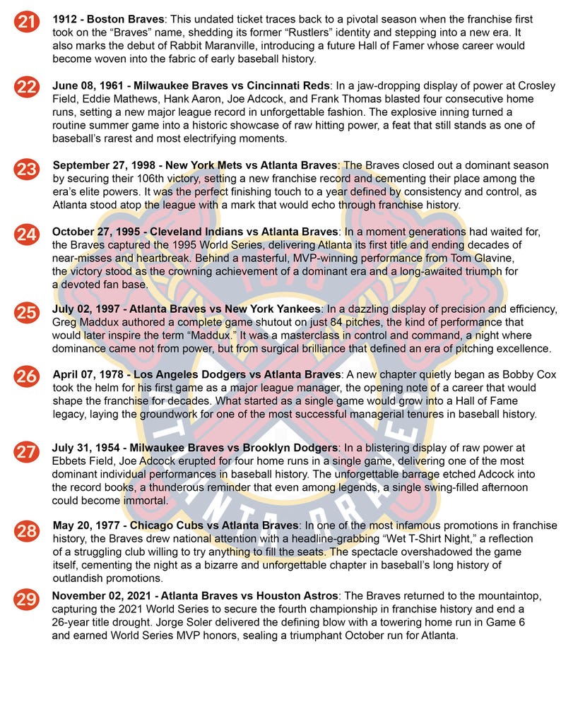 Op de afbeelding: Een lijst met negen genummerde historische honkbaloverzichten, beginnend met de Boston Braves uit 1912 en eindigend met de Atlanta Braves uit 2021. Elk item bevat een datum, teamnamen en een alinea over een belangrijke gebeurtenis in de geschiedenis.