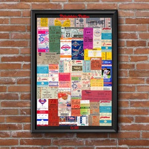 May include: A framed collage of vintage Philadelphia Phillies baseball ticket stubs featuring various colors, dates, and team logos. The text Philadelphia Phillies appears at the top and Est. 1883 at the bottom. The tickets are arranged in a dense rectangular grid.