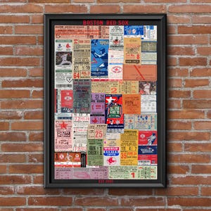May include: Framed collage of vintage Boston Red Sox baseball tickets. The tickets are in various colors, including red, blue, and yellow, and feature text such as "Grandstand," "Rain Check," and "World Series." The frame is black, and the text "BOSTON RED SOX" is at the top.