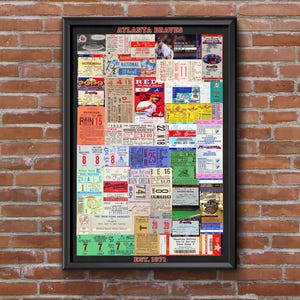 Op de afbeelding: Een ingelijste collage van vintage Atlanta Braves honkbaltickets en memorabilia met diverse data, stoelnummers en teamlogo's. De tekst ATLANTA BRAVES staat bovenaan en EST. 1871 onderaan in de zwarte rechthoekige lijst.