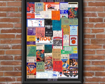 May include: A framed collage of vintage New York Knicks basketball tickets and event stubs featuring various team logos, player imagery, and game dates. The rectangular black frame displays the text NEW YORK KNICKS at the top and EST. 1948 at the bottom.