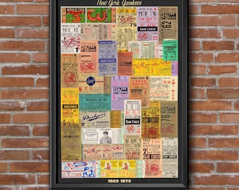 May include: Framed artwork featuring a collage of vintage baseball tickets, predominantly in shades of yellow, red, and blue. The tickets are arranged in a grid, with the words "New York Yankees" at the top and "1923-1973" at the bottom. The artwork is in a black frame.