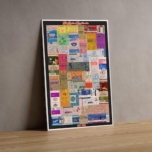 May include: A rectangular framed poster featuring a collage of various St. Louis Cardinals baseball ticket stubs in multiple colors including red, blue, yellow, and white. The text St. Louis Cardinals is printed in red at the top and Est 1882 at the bottom.