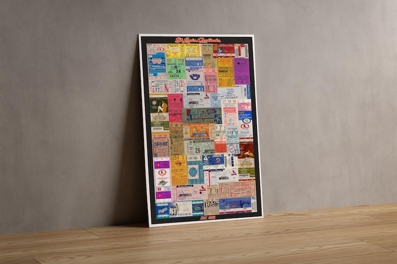May include: A rectangular framed poster featuring a collage of various St. Louis Cardinals baseball ticket stubs in multiple colors including red, blue, yellow, and white. The text St. Louis Cardinals is printed in red at the top and Est 1882 at the bottom.