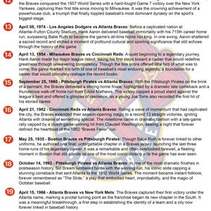 Op de afbeelding: Een lijst van tien genummerde historische honkbalmomenten met data, teamnamen en beschrijvingen van wedstrijden van de Atlanta Braves, waaronder gebeurtenissen zoals Hank Aaron's 715e homerun en de World Series van 1992, tegen een vaag rood logo.