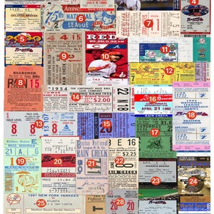 Op de afbeelding: Een collage van vintage honkbaltickets met verschillende teams, datums en stadioninformatie. De collectie bevat genummerde rode cirkelvormige markeringen die over diverse ticketontwerpen met tekst, teamlogo's en grafische illustraties zijn geplaatst.
