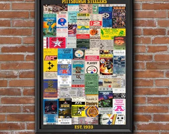 May include: A framed collage of vintage Pittsburgh Steelers football game tickets featuring various team logos, dates, and game information. The top of the black frame displays the text PITTSBURGH STEELERS and the bottom displays the text EST. 1933.