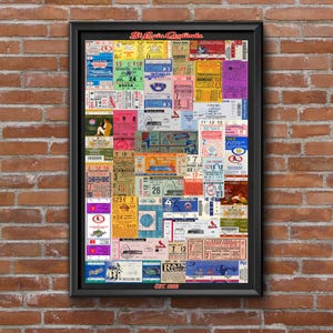 May include: A framed collage of vintage St. Louis Cardinals baseball tickets featuring various colors, dates, and game information. The text St. Louis Cardinals appears at the top, and Est. 1892 is printed at the bottom of the black rectangular frame.