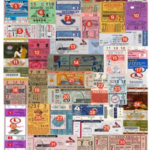 May include: A collage of vintage baseball tickets featuring various colors, team logos, stadium names, and game details. The tickets are arranged in a grid-like pattern, displaying text such as World Series, All Star Game, and National League Championship.