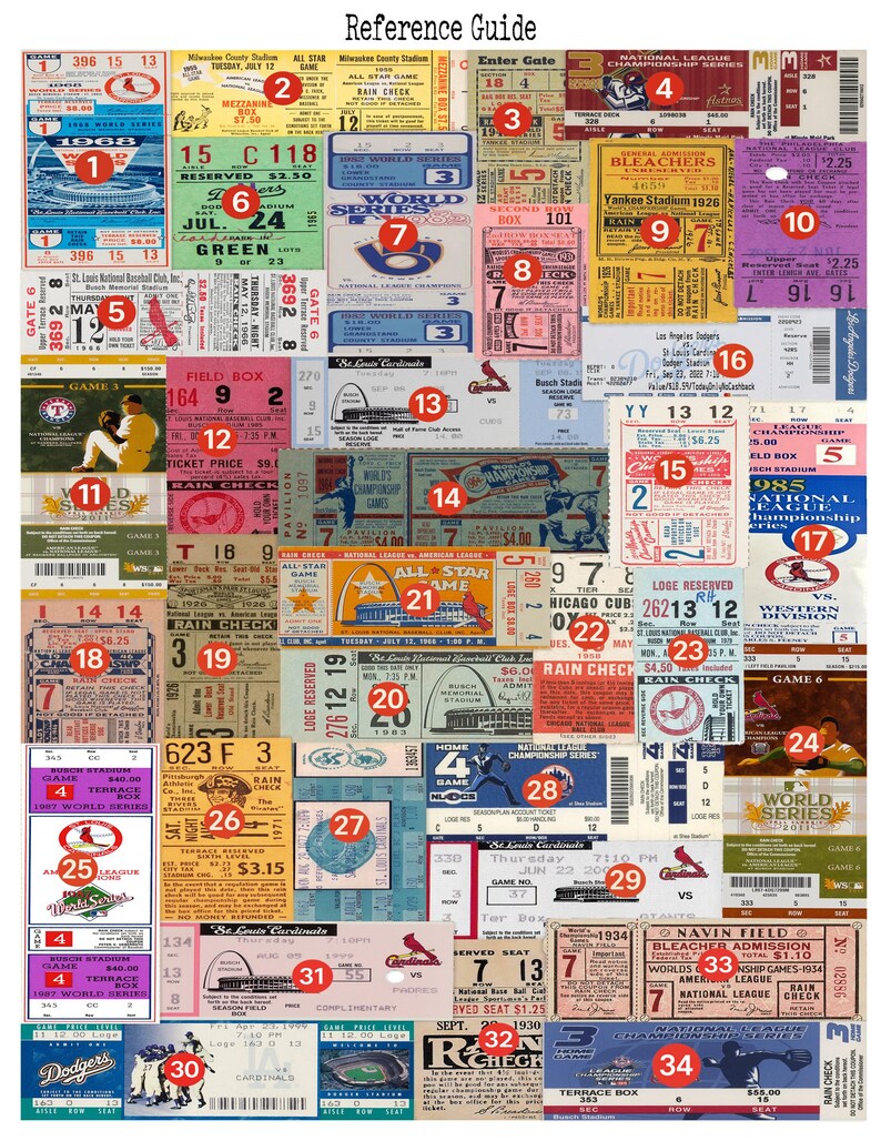 May include: A collage of vintage baseball tickets featuring various colors, team logos, stadium names, and game details. The tickets are arranged in a grid-like pattern, displaying text such as World Series, All Star Game, and National League Championship.