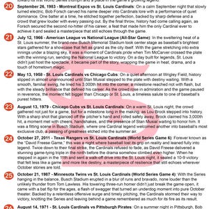 May include: A list of eight numbered historical baseball game summaries featuring the St. Louis Cardinals, starting with October 05, 1926, and ending with August 14, 1971. Each entry includes a date, the competing teams, and a descriptive narrative.