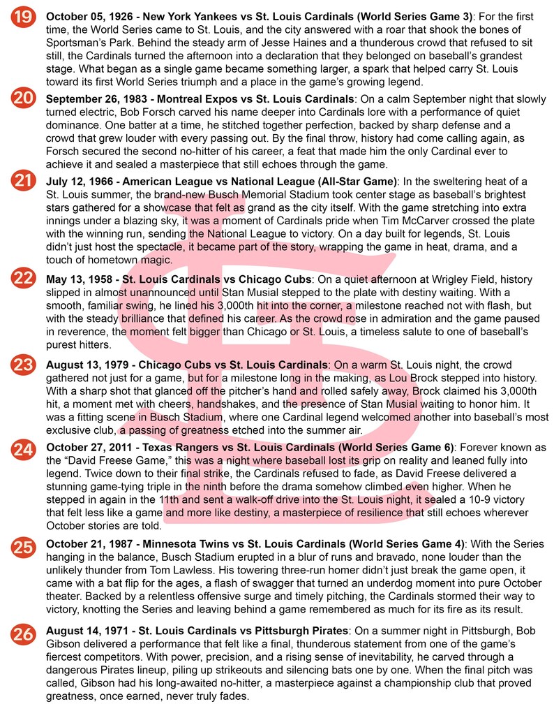 May include: A list of eight numbered historical baseball game summaries featuring the St. Louis Cardinals, starting with October 05, 1926, and ending with August 14, 1971. Each entry includes a date, the competing teams, and a descriptive narrative.