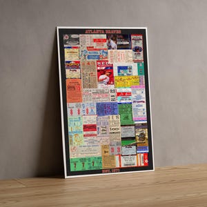 Op de afbeelding: Een rechthoekige poster met een collage van vintage Atlanta Braves honkbaltickets en memorabilia. De bovenste tekst luidt Atlanta Braves en de onderste tekst luidt Est. 1871. Het ontwerp bevat diverse kleurrijke ticketstubs met tekst.