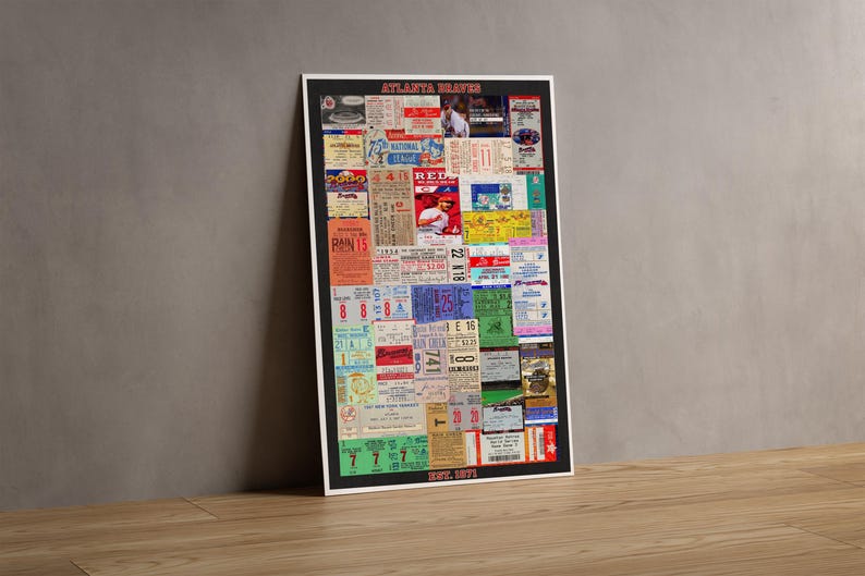 Op de afbeelding: Een rechthoekige poster met een collage van vintage Atlanta Braves honkbaltickets en memorabilia. De bovenste tekst luidt Atlanta Braves en de onderste tekst luidt Est. 1871. Het ontwerp bevat diverse kleurrijke ticketstubs met tekst.