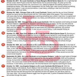May include: A list of nine numbered historical baseball moments featuring St. Louis Cardinals games from 1944 to 2022. Each entry includes a date, the competing teams, and a descriptive paragraph detailing significant plays by players like Stan Musial.