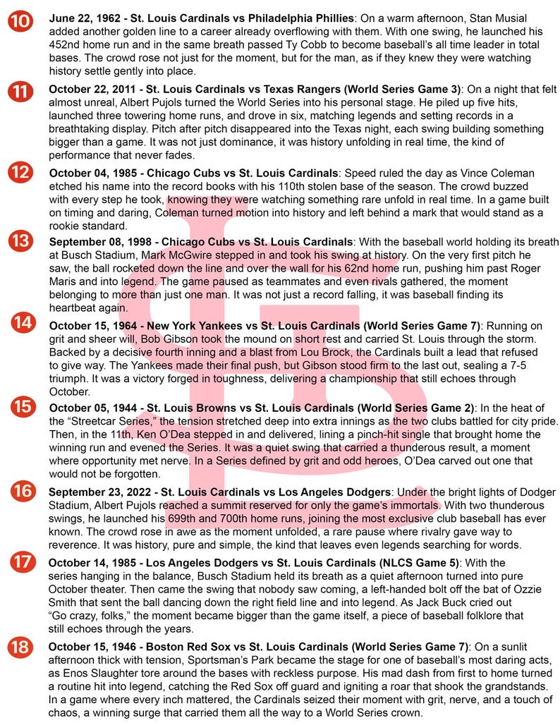 May include: A list of nine numbered historical baseball moments featuring St. Louis Cardinals games from 1944 to 2022. Each entry includes a date, the competing teams, and a descriptive paragraph detailing significant plays by players like Stan Musial.