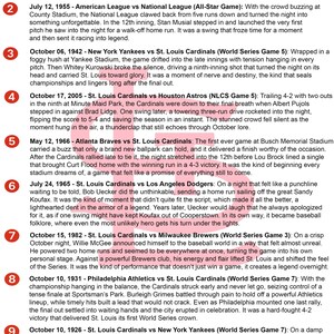 May include: A list of nine numbered historical baseball game summaries featuring the St. Louis Cardinals. Each entry includes a date, the competing teams, and a descriptive paragraph detailing key moments, players, and outcomes of the specific games.
