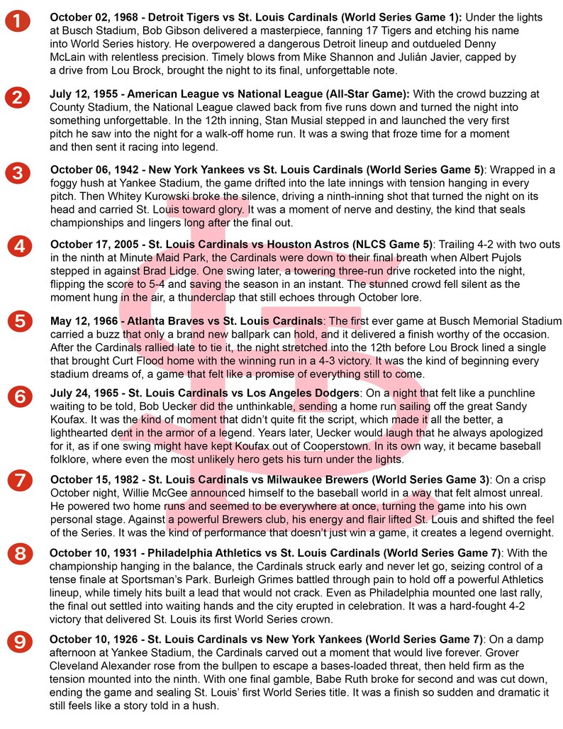 May include: A list of nine numbered historical baseball game summaries featuring the St. Louis Cardinals. Each entry includes a date, the competing teams, and a descriptive paragraph detailing key moments, players, and outcomes of the specific games.