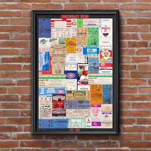 May include: A framed collage of vintage Cincinnati Reds baseball tickets and memorabilia. The rectangular black frame contains various colorful ticket stubs, a central baseball graphic, and text reading Cincinnati Reds at the top and Est. 1881 at the bottom.