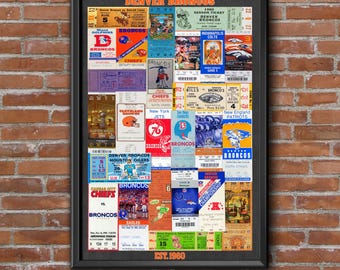 Może przedstawiać: Oprawiony kolaż z zabytkowych biletów na mecze futbolu amerykańskiego Denver Broncos. Bilety zawierają logo drużyn, szczegóły meczów i napis "DENVER BRONCOS" u góry. Kolaż zawiera bilety z różnych drużyn i meczów, z napisem "EST. 1960" na dole.