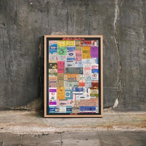 May include: A rectangular framed wall art piece featuring a collage of various colorful vintage ticket stubs in shades of blue, red, yellow, and green. The top of the frame displays the text "El Arte de Coleccionar" and the bottom displays "EST. 2020".