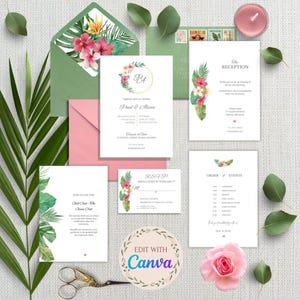 May include: A wedding stationery set with a tropical theme, featuring invitation cards, RSVP cards, and reception details. The designs incorporate floral and foliage motifs, with a colour scheme of pink, green, and white. The set includes a 'Edit with Canva' logo.
